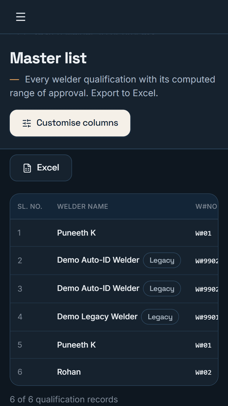 Weld.Doc master list on mobile — filterable register with CSV export